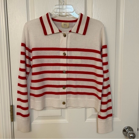 ELIE TAHARI Cashmere Stripe Crop Cardigan in Frost White/True Red Size M - Picture 3 of 7